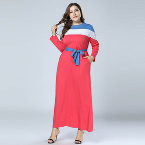 Plus Size Patchwork Striped Cotton Maxi Dresses Big Size Self-belt Casual Autumn Long Dress Long Sleeve vestido de festa longo