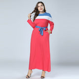 Plus Size Patchwork Striped Cotton Maxi Dresses Big Size Self-belt Casual Autumn Long Dress Long Sleeve vestido de festa longo