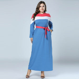 Plus Size Patchwork Striped Cotton Maxi Dresses Big Size Self-belt Casual Autumn Long Dress Long Sleeve vestido de festa longo