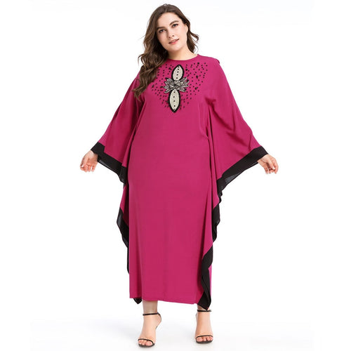 2018 Appliques Beading Muslim Dresses Contrast Color Bat Sleeve Robes Loose Big Size Maxi Long Dress Islamic Elegant Moroccan