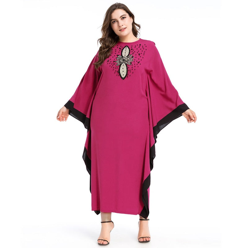 2018 Appliques Beading Muslim Dresses Contrast Color Bat Sleeve Robes Loose Big Size Maxi Long Dress Islamic Elegant Moroccan