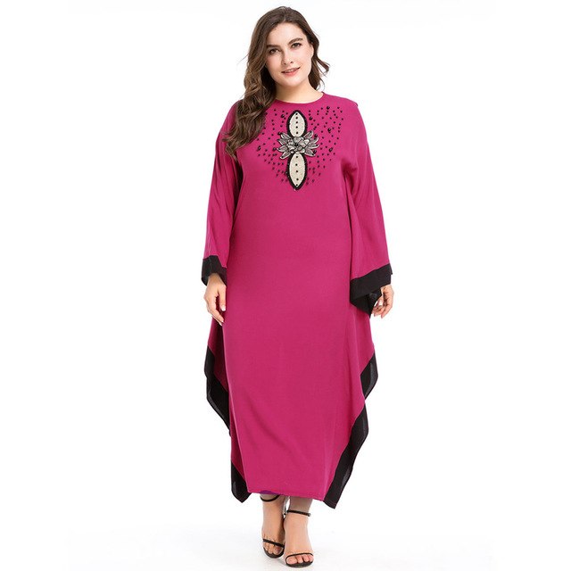 2018 Appliques Beading Muslim Dresses Contrast Color Bat Sleeve Robes Loose Big Size Maxi Long Dress Islamic Elegant Moroccan