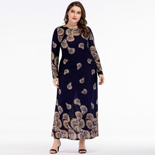 Vintage Chic Print Maxi Long Dress Spring Autumn 2018 Women Slim Plus Size Knee Length Dresses Round Neck Long Sleeve Party Wear