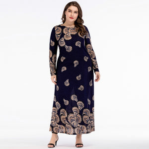 Vintage Chic Print Maxi Long Dress Spring Autumn 2018 Women Slim Plus Size Knee Length Dresses Round Neck Long Sleeve Party Wear