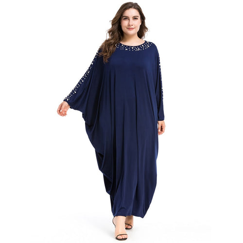 Arab Elegant Loose Abaya Kaftan Islamic Fashion Beading Muslim Dress Clothing Design Women Bat Sleeve Dubai Abaya Robe Navy blue