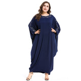 Arab Elegant Loose Abaya Kaftan Islamic Fashion Beading Muslim Dress Clothing Design Women Bat Sleeve Dubai Abaya Robe Navy blue