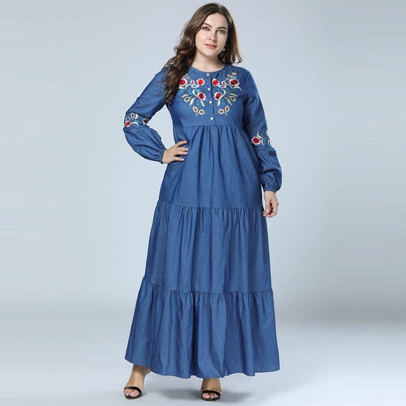 2018 Women Plus Size Embroidery Denim Maxi Dress Long Sleeve Round Neck Button Up Patchwork Kaftan islamic Muslim Dress blue 4XL