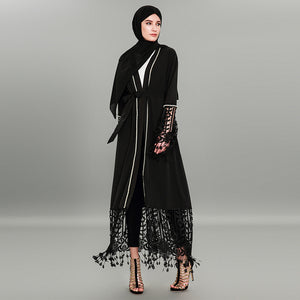 Women Muslim Abaya Dress Patchwork Lace Cardigan Black Muslim Dress Kaftan Dubai Hijab Dress Plus Size 4XL Islamic Clothing