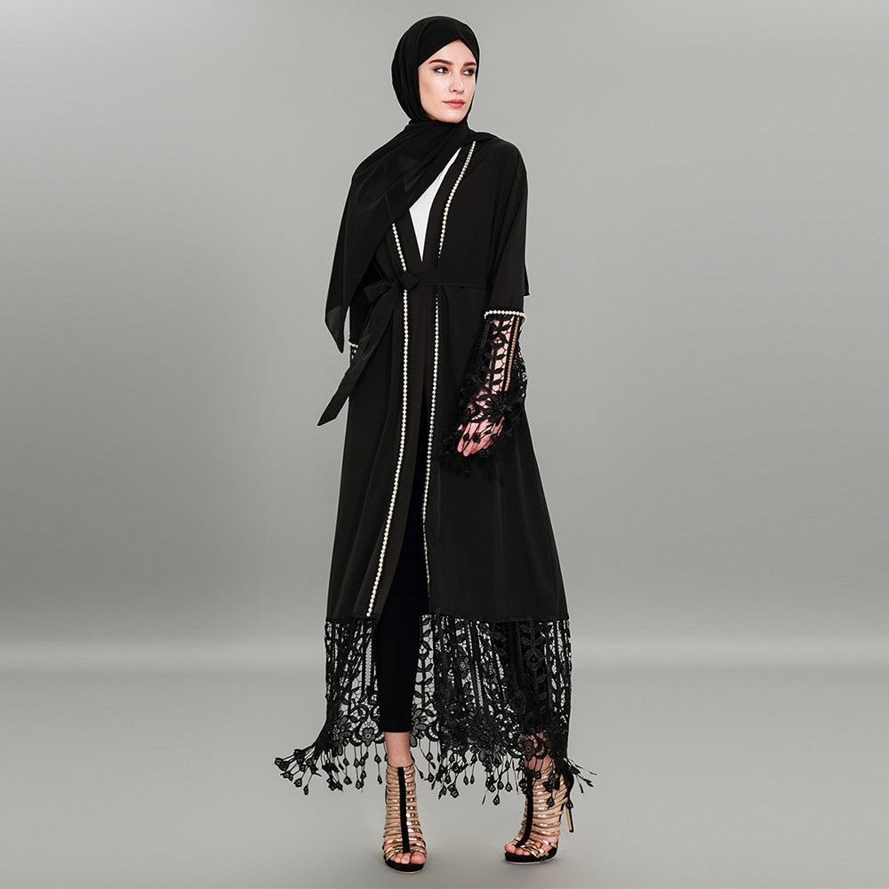 Women Muslim Abaya Dress Patchwork Lace Cardigan Black Muslim Dress Kaftan Dubai Hijab Dress Plus Size 4XL Islamic Clothing