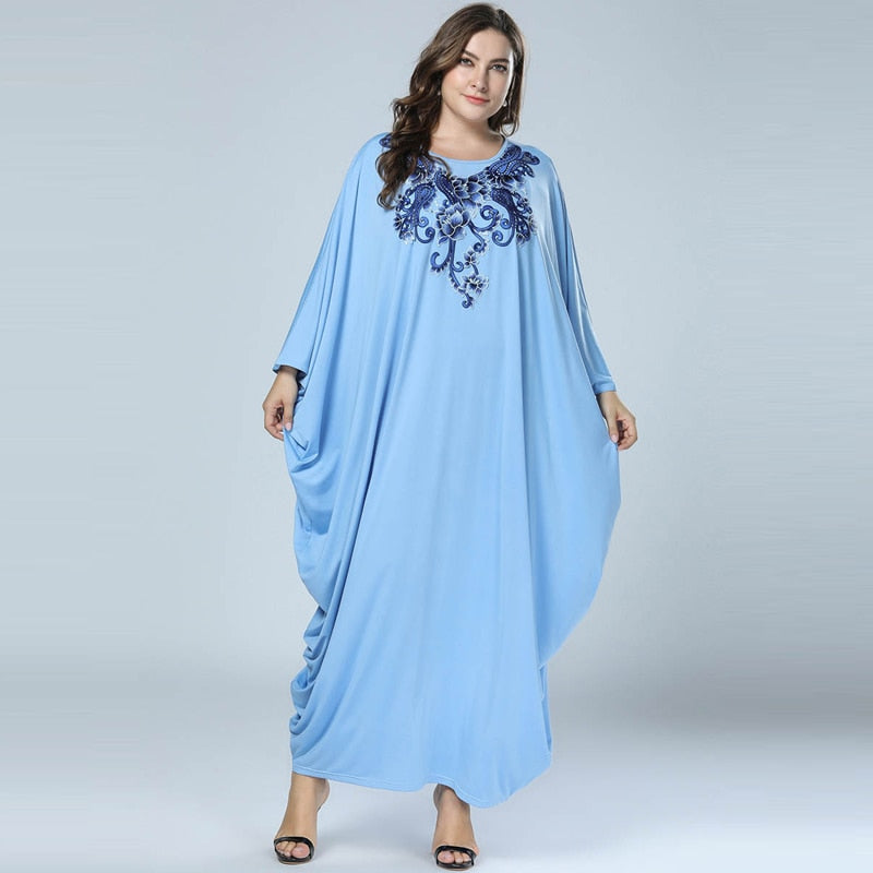 Plus Size Quality New Arab Elegant Loose Abaya Kaftan Islamic Embroidered Muslim Dress Clothing Women Light blue Dubai Abaya