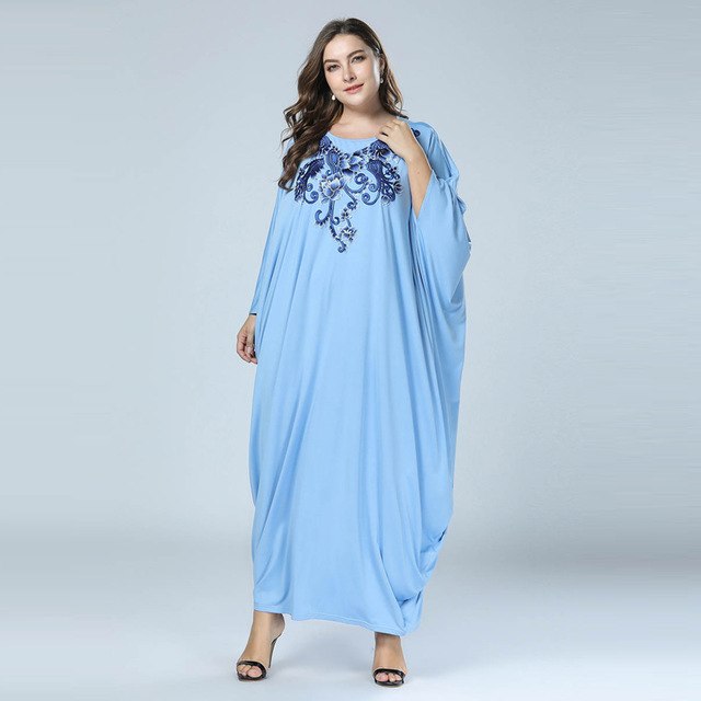 Plus Size Quality New Arab Elegant Loose Abaya Kaftan Islamic Embroidered Muslim Dress Clothing Women Light blue Dubai Abaya