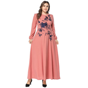 Plus Size 3 COLORS Women High Waist Maxi Dress Long Sleeve Autumn Flower Embroidery Zipper Up Long Dresses Vestido Robe 3XL 4XL