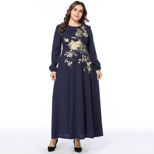 Plus Size 3 COLORS Women High Waist Maxi Dress Long Sleeve Autumn Flower Embroidery Zipper Up Long Dresses Vestido Robe 3XL 4XL