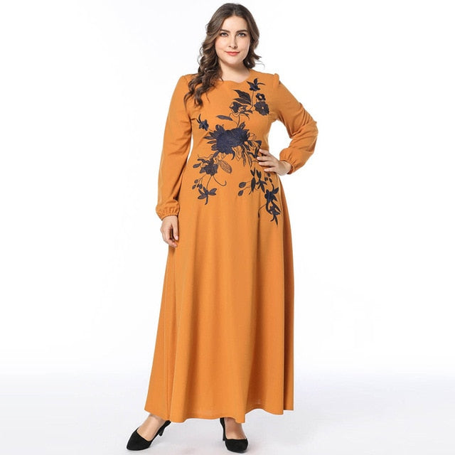 Plus Size 3 COLORS Women High Waist Maxi Dress Long Sleeve Autumn Flower Embroidery Zipper Up Long Dresses Vestido Robe 3XL 4XL