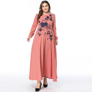 Plus Size 3 COLORS Women High Waist Maxi Dress Long Sleeve Autumn Flower Embroidery Zipper Up Long Dresses Vestido Robe 3XL 4XL