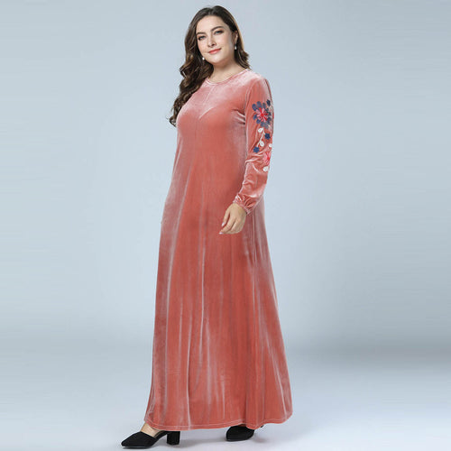 Pink Big Size Embroidery Sleeve Musilim Dresses Women Casual Long Dress for Autumn Winter Elegant Velvet Gown Full Length M -4XL