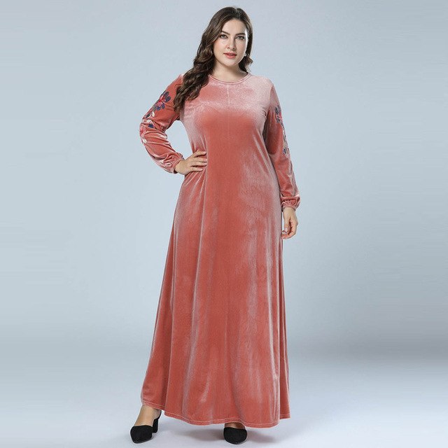 Pink Big Size Embroidery Sleeve Musilim Dresses Women Casual Long Dress for Autumn Winter Elegant Velvet Gown Full Length M -4XL